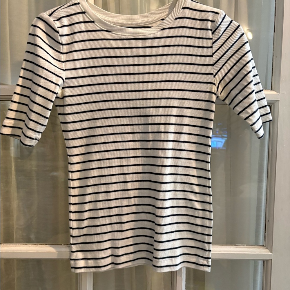 LOFT Navy and White Striped Short Sleeve Top